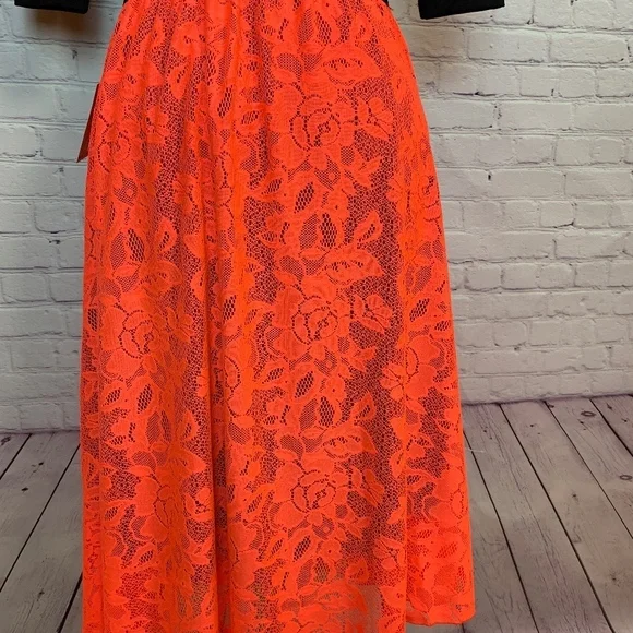NWT Lola Lace Midi Skirt Bright sheer Coral over black high elastic waistband - Picture 3 of 8
